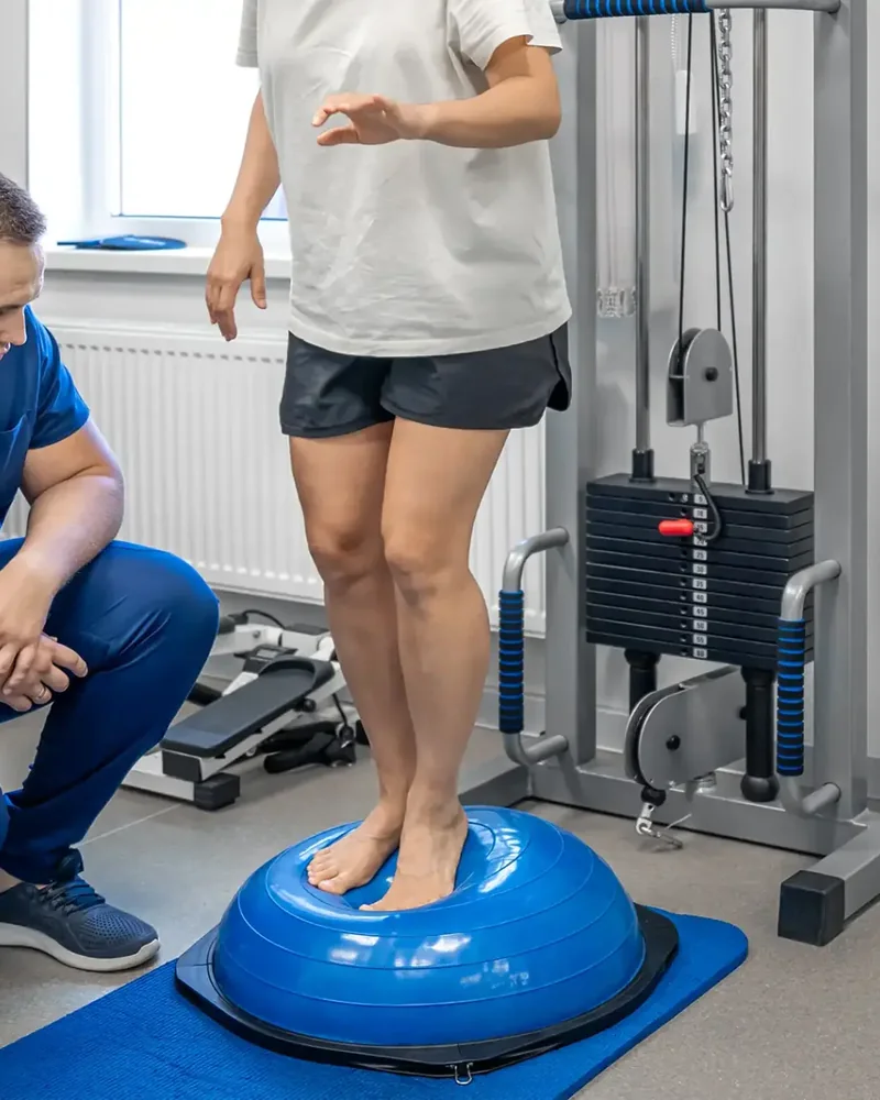 Therapist guiding a patient through balance rehabilitation exercises