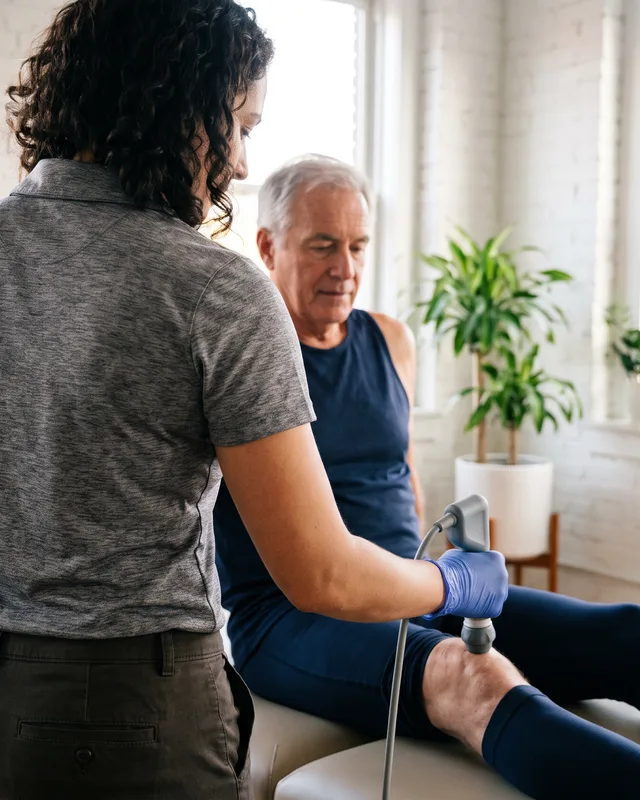 Therapist applying a targeted electrical stimulation device to a patient's knee during a one on one session