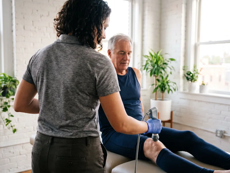 Therapist applying a targeted electrical stimulation device to a patient's knee
