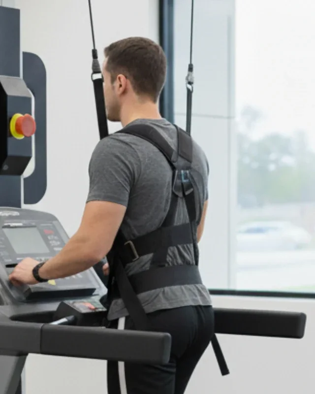 Patient walking in a support harness on the Pneu-Weight unloader treadmill with a therapist